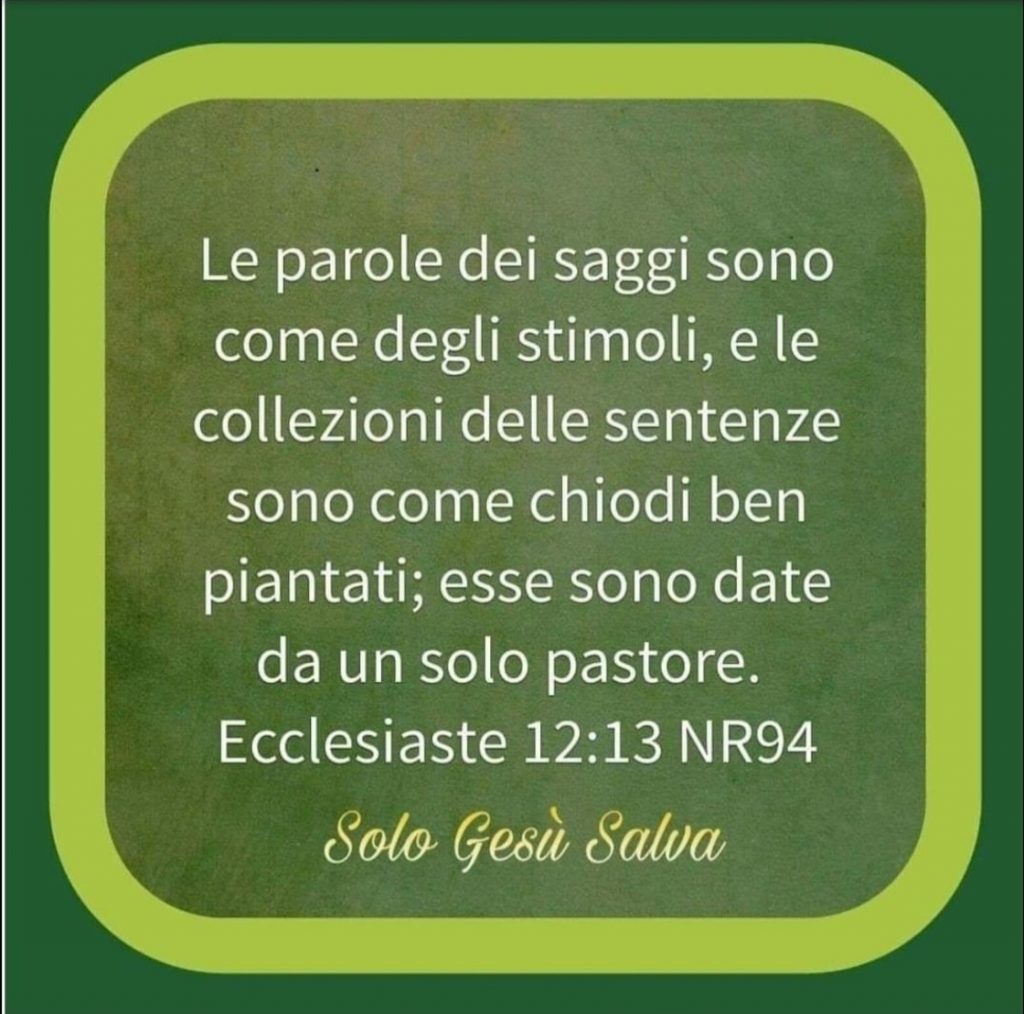 Le parole dei saggi sono come degli stimoli, e le collezioni delle sentenze sono come chiodi ben piantati; esse sono date da un solo pastore. (Ecclesiaste 12:13 NR94)